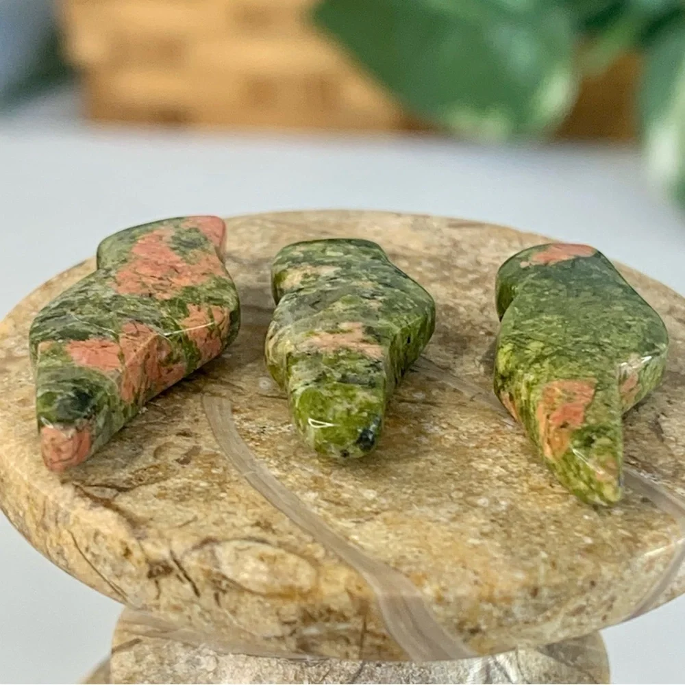 3 Native American Style Carved Bird Fetish Animal Stone Beads Pink Green Unakite